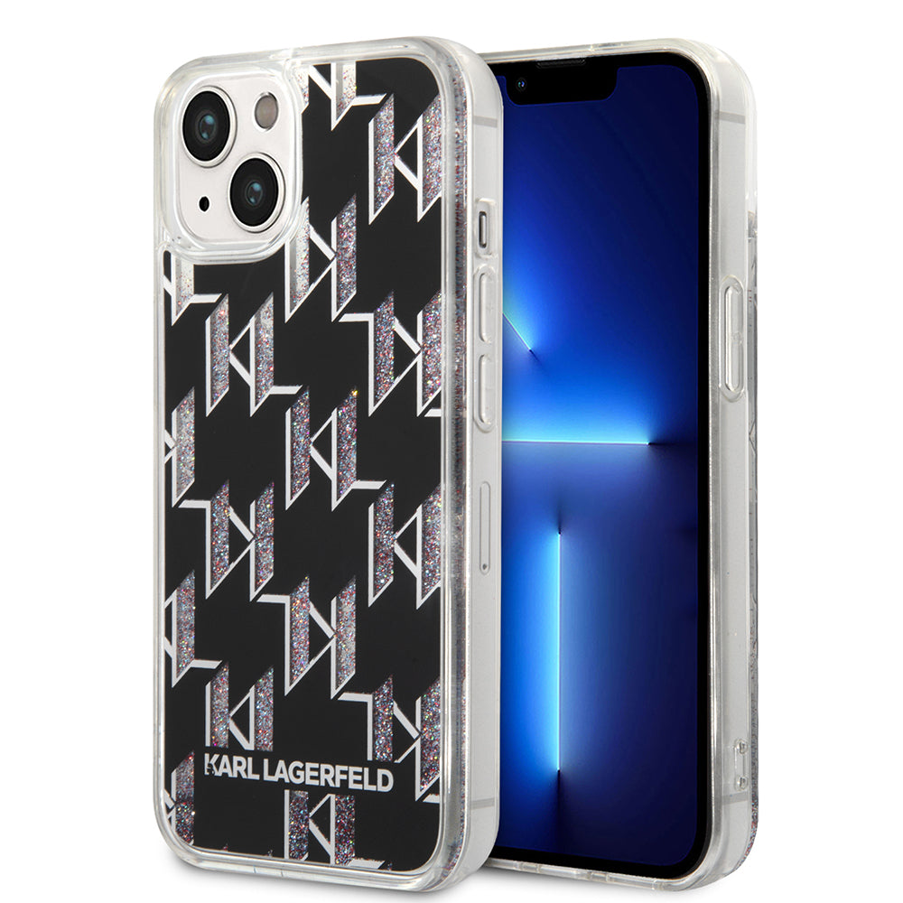 Ovitek za Apple iPhone 14, Karl Lagerfeld, Liquid Glitter Monogram, Črn