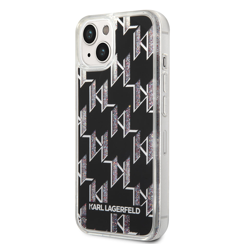 Ovitek za Apple iPhone 14, Karl Lagerfeld, Liquid Glitter Monogram, Črn