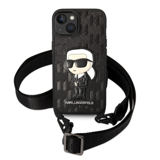 Ovitek za Apple iPhone 14, Karl Lagerfeld, Monogram Ikonik Karl, Črn