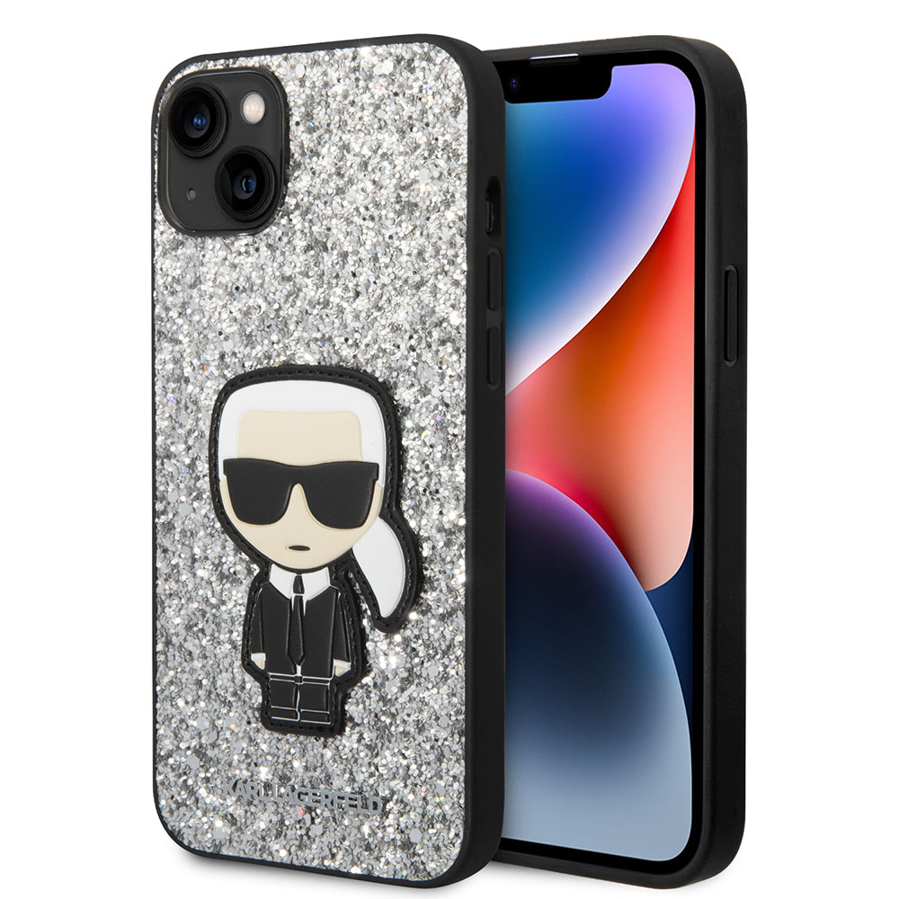 Ovitek za Apple iPhone 14 Plus, Karl Lagerfeld, Glitter Flakes Ikonik Karl, Srebrn.