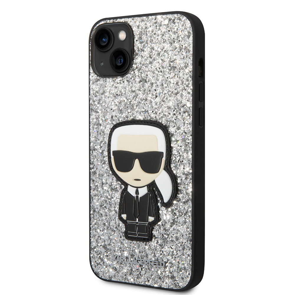 Ovitek za Apple iPhone 14 Plus, Karl Lagerfeld, Glitter Flakes Ikonik Karl, Srebrn.