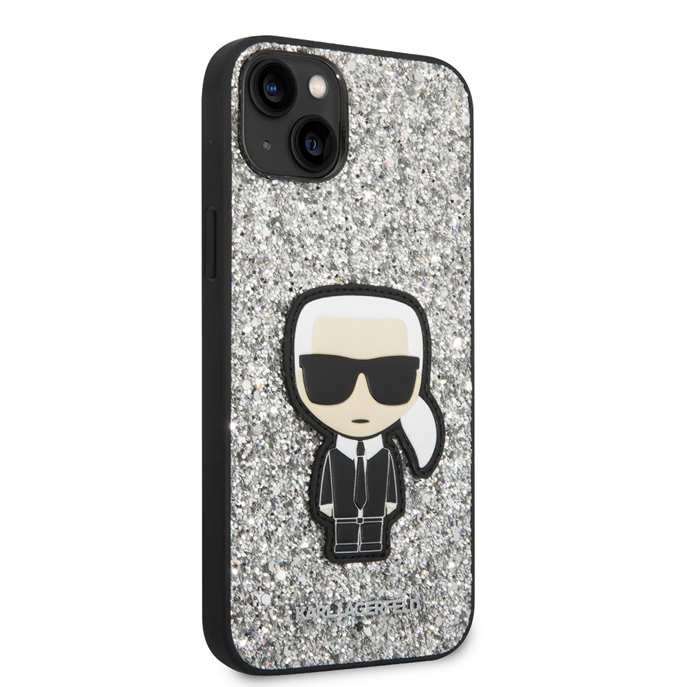 Ovitek za Apple iPhone 14 Plus, Karl Lagerfeld, Glitter Flakes Ikonik Karl, Srebrn.
