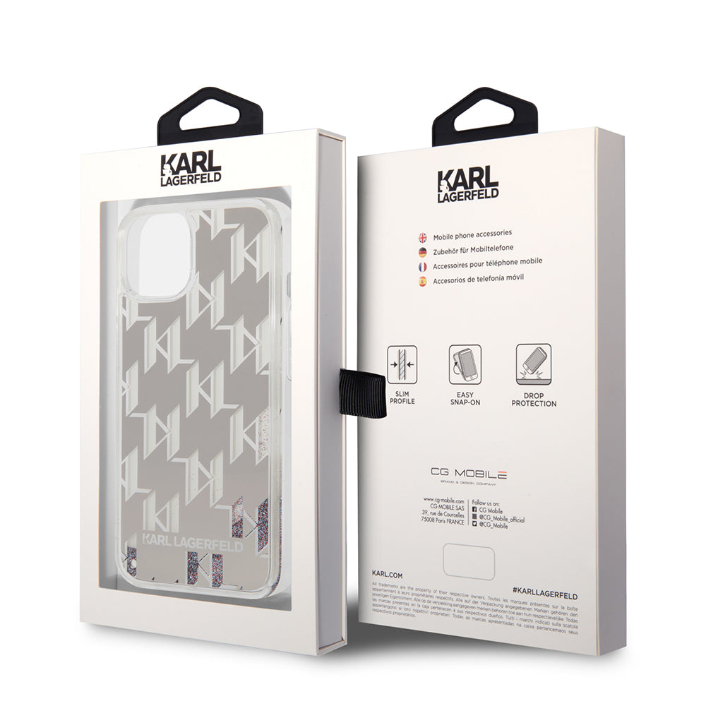 Ovitek za Apple iPhone 14 Plus, Karl Lagerfeld, Liquid Glitter Monogram, Srebrn.