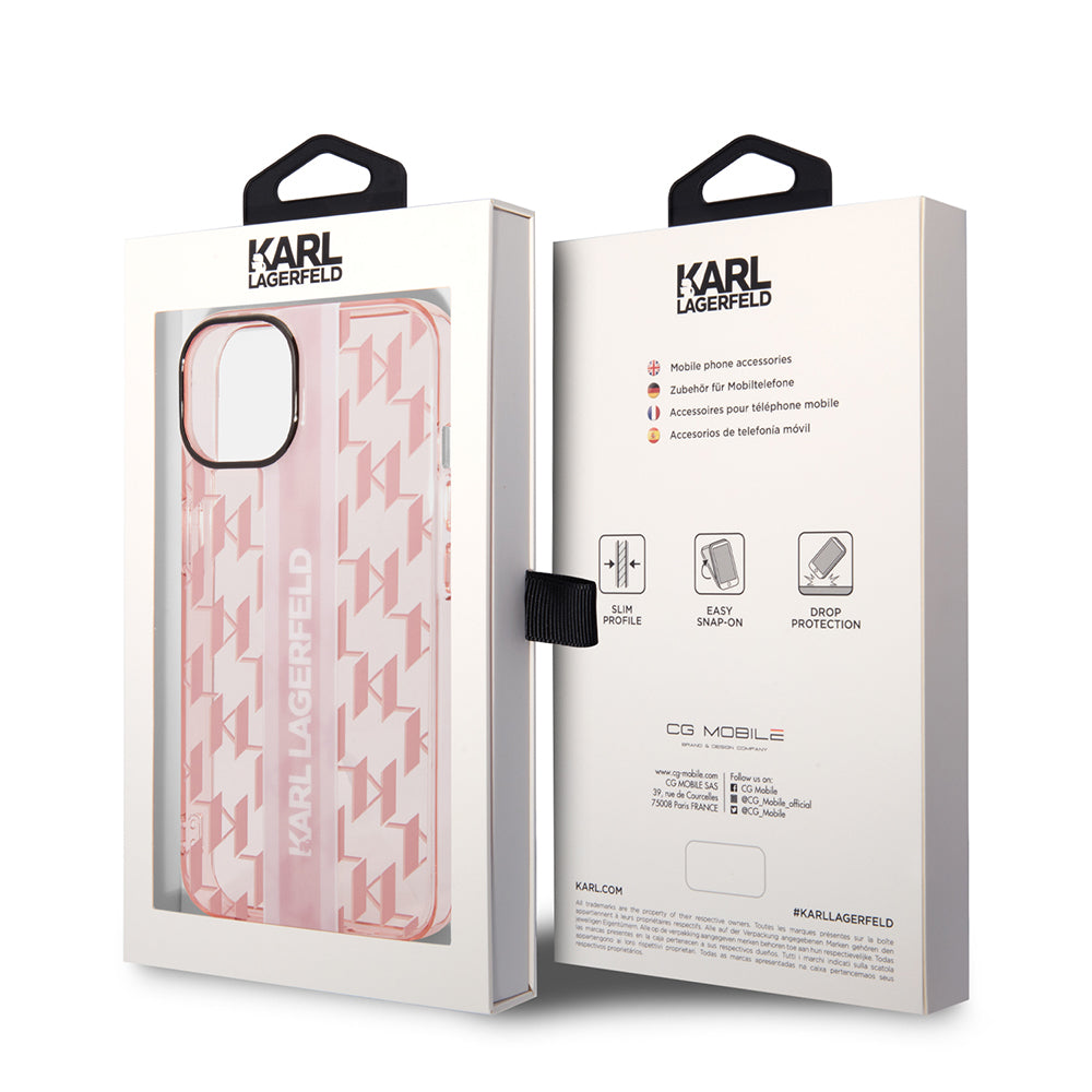 Ovitek za Apple iPhone 14 Plus, Karl Lagerfeld, Monogram Stripe, Roza