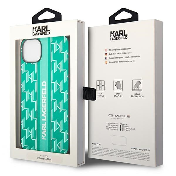 Ovitek za Apple iPhone 14 Plus, Karl Lagerfeld, Monogram Stripe, Zelen