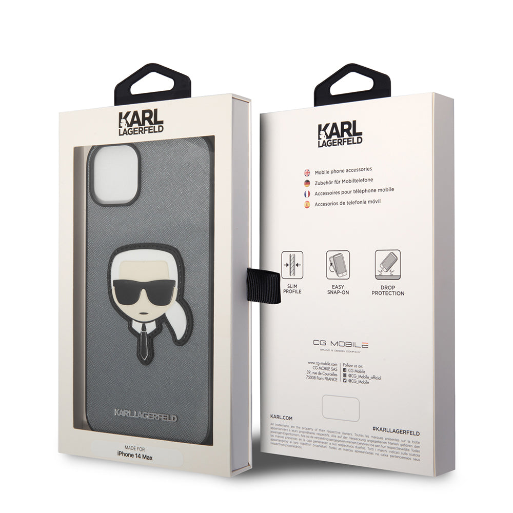 Ovitek za Apple iPhone 14 Plus, Karl Lagerfeld, Saffiano Karl's Head, Srebrn