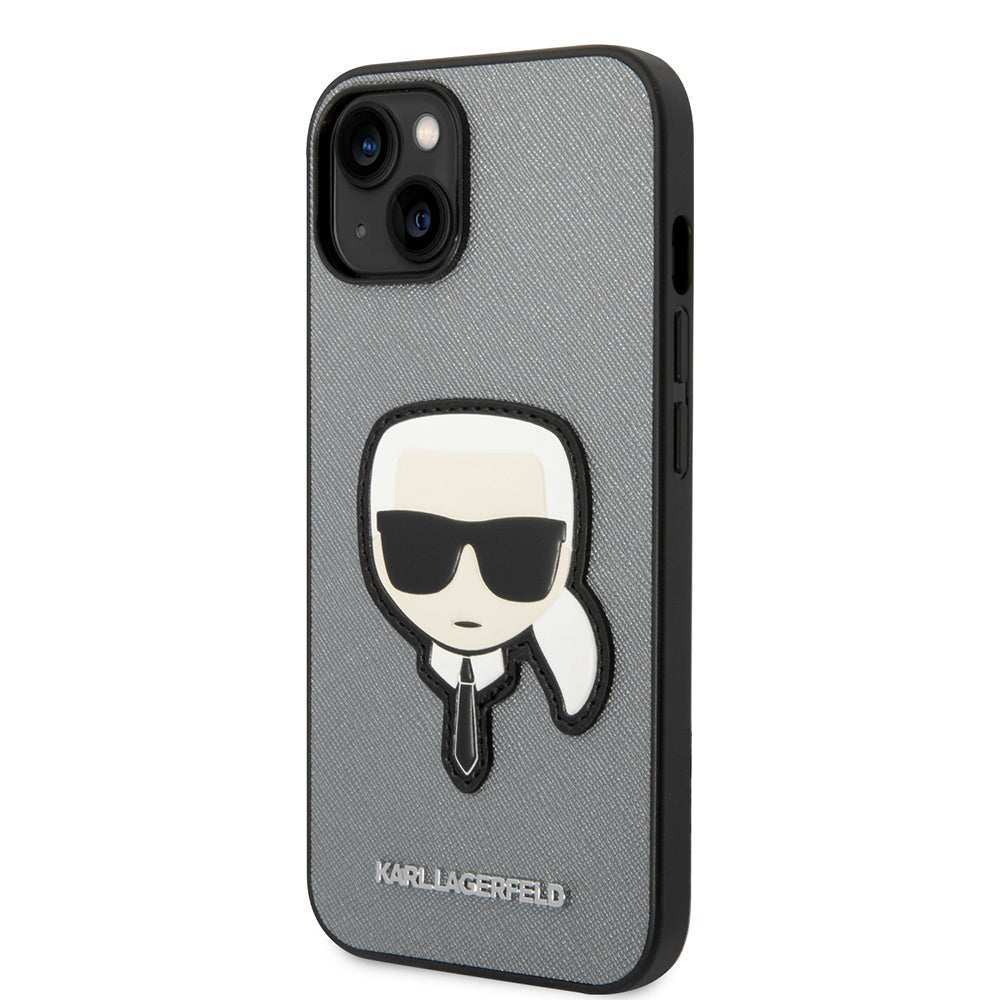 Ovitek za Apple iPhone 14 Plus, Karl Lagerfeld, Saffiano Karl's Head, Srebrn