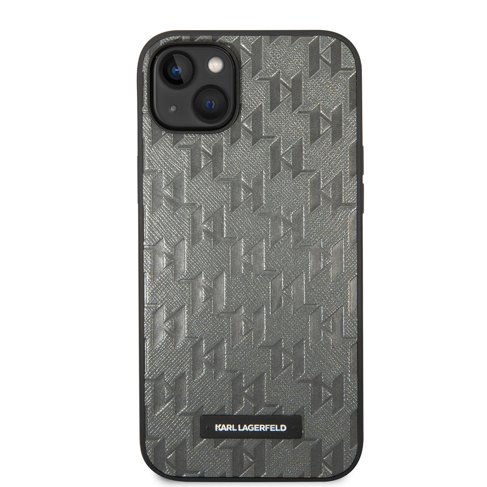 Ovitek za Apple iPhone 14 Plus, Karl Lagerfeld, Saffiano Monogram Metal Logo, Siv