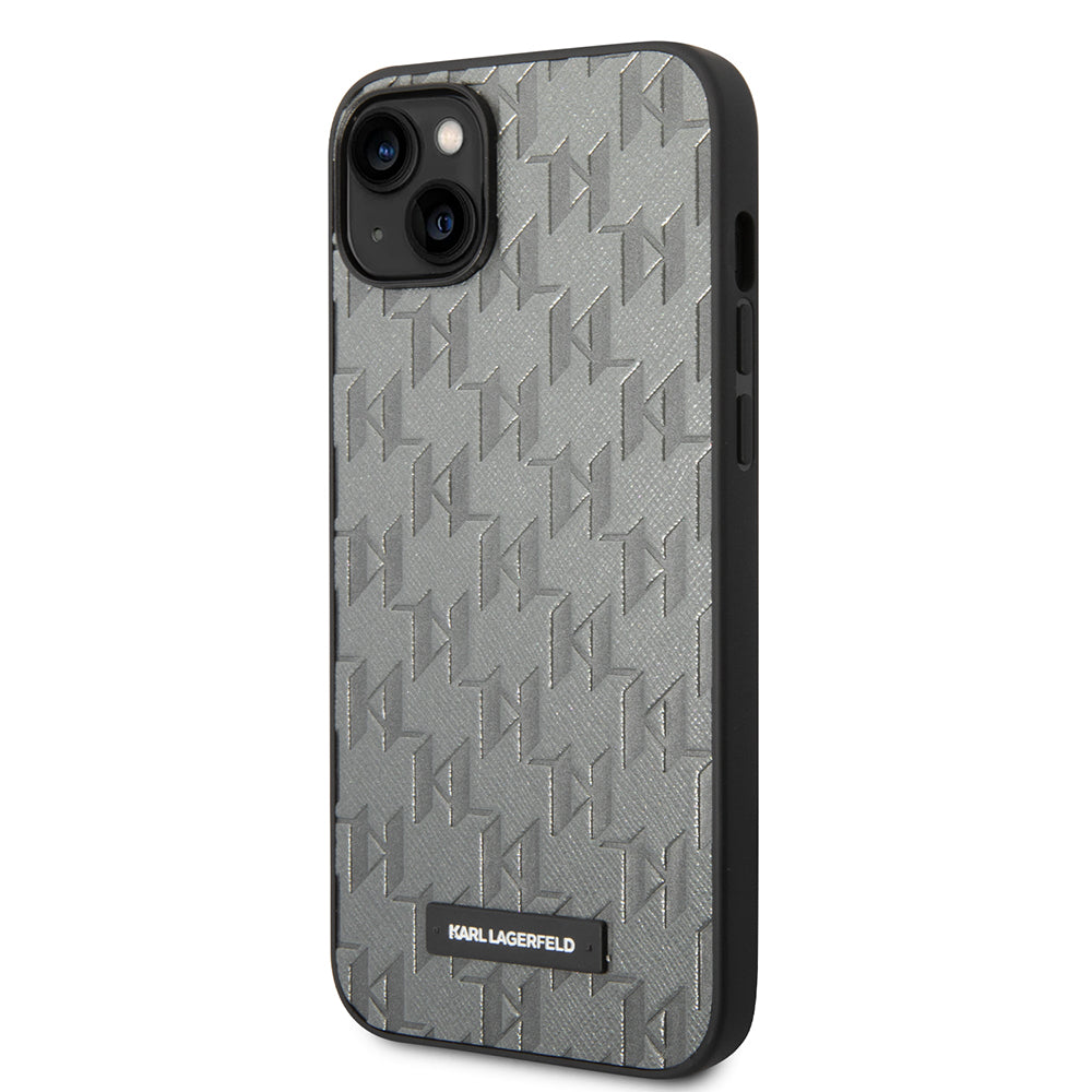 Ovitek za Apple iPhone 14 Plus, Karl Lagerfeld, Saffiano Monogram Metal Logo, Siv