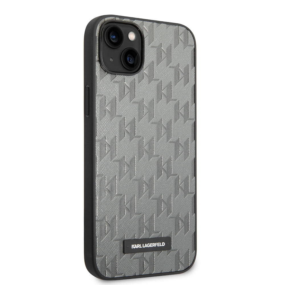 Ovitek za Apple iPhone 14 Plus, Karl Lagerfeld, Saffiano Monogram Metal Logo, Siv