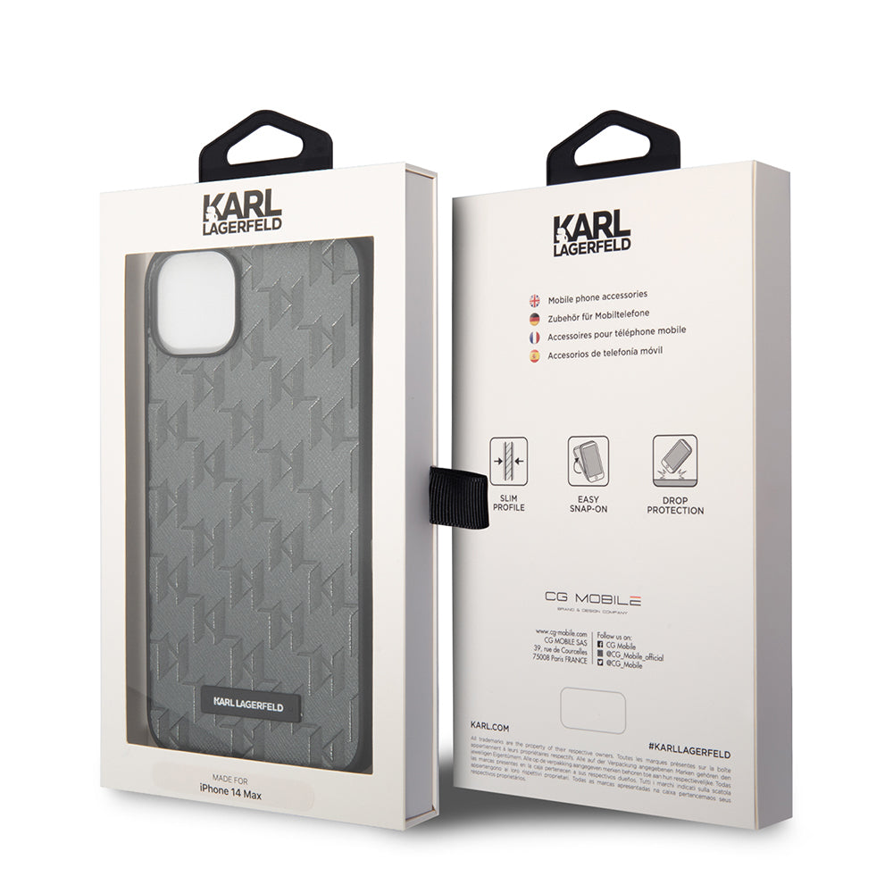 Ovitek za Apple iPhone 14 Plus, Karl Lagerfeld, Saffiano Monogram Metal Logo, Siv