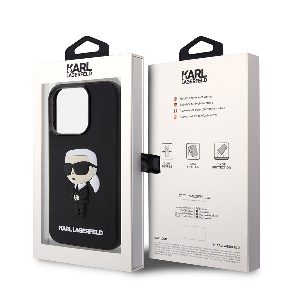 Ovitek za Apple iPhone 14 Pro, Karl Lagerfeld, 3D Rubber Ikonik Karl, črn.