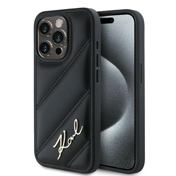 Ovitek za Apple iPhone 14 Pro, Karl Lagerfeld, Diagonal Quilted Script, Črn