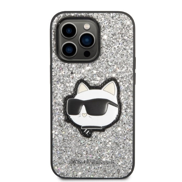 Ovitek za Apple iPhone 14 Pro, Karl Lagerfeld, Glitter Choupette Patch, Srebrn.