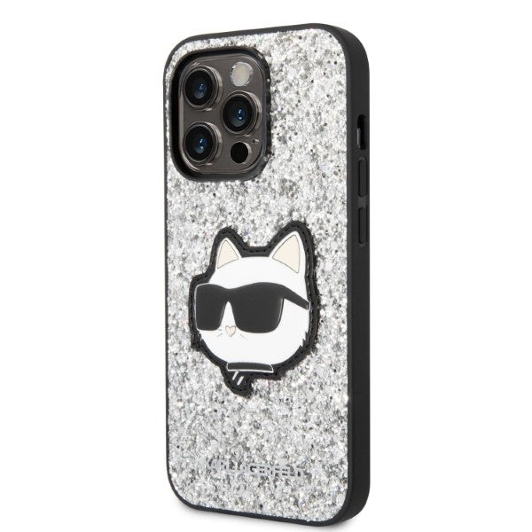 Ovitek za Apple iPhone 14 Pro, Karl Lagerfeld, Glitter Choupette Patch, Srebrn.