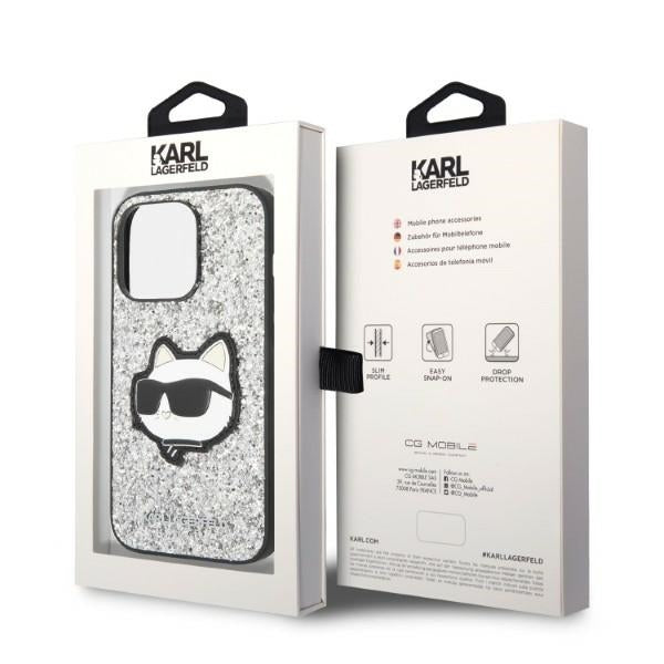 Ovitek za Apple iPhone 14 Pro, Karl Lagerfeld, Glitter Choupette Patch, Srebrn.