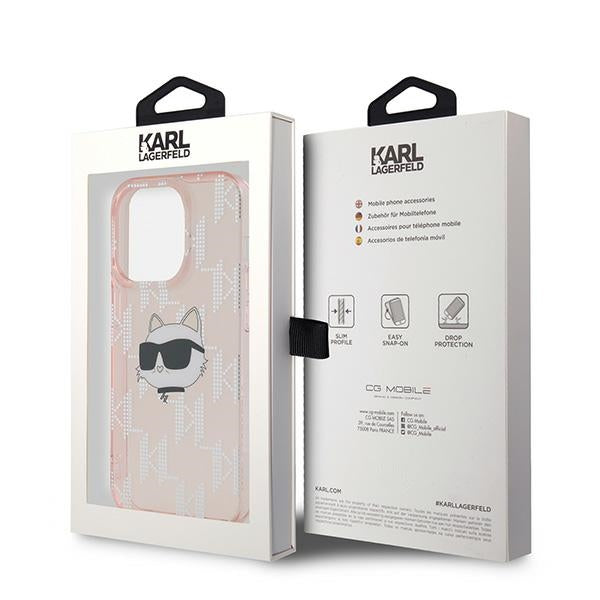 Ovitek za Apple iPhone 14 Pro, Karl Lagerfeld, IML Luxury Monogram Choupette's Head, Roza
