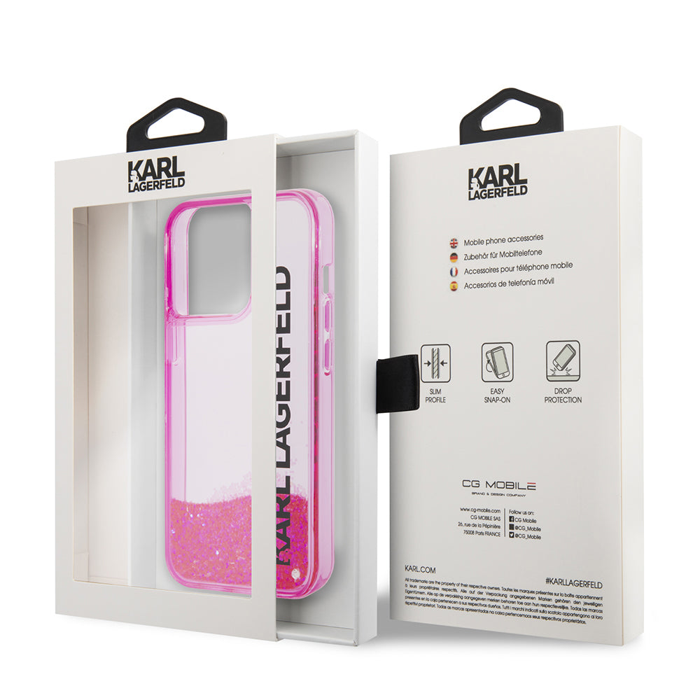 Case for Apple iPhone 14 Pro, Karl Lagerfeld, Liquid Glitter KL Logo, Pink