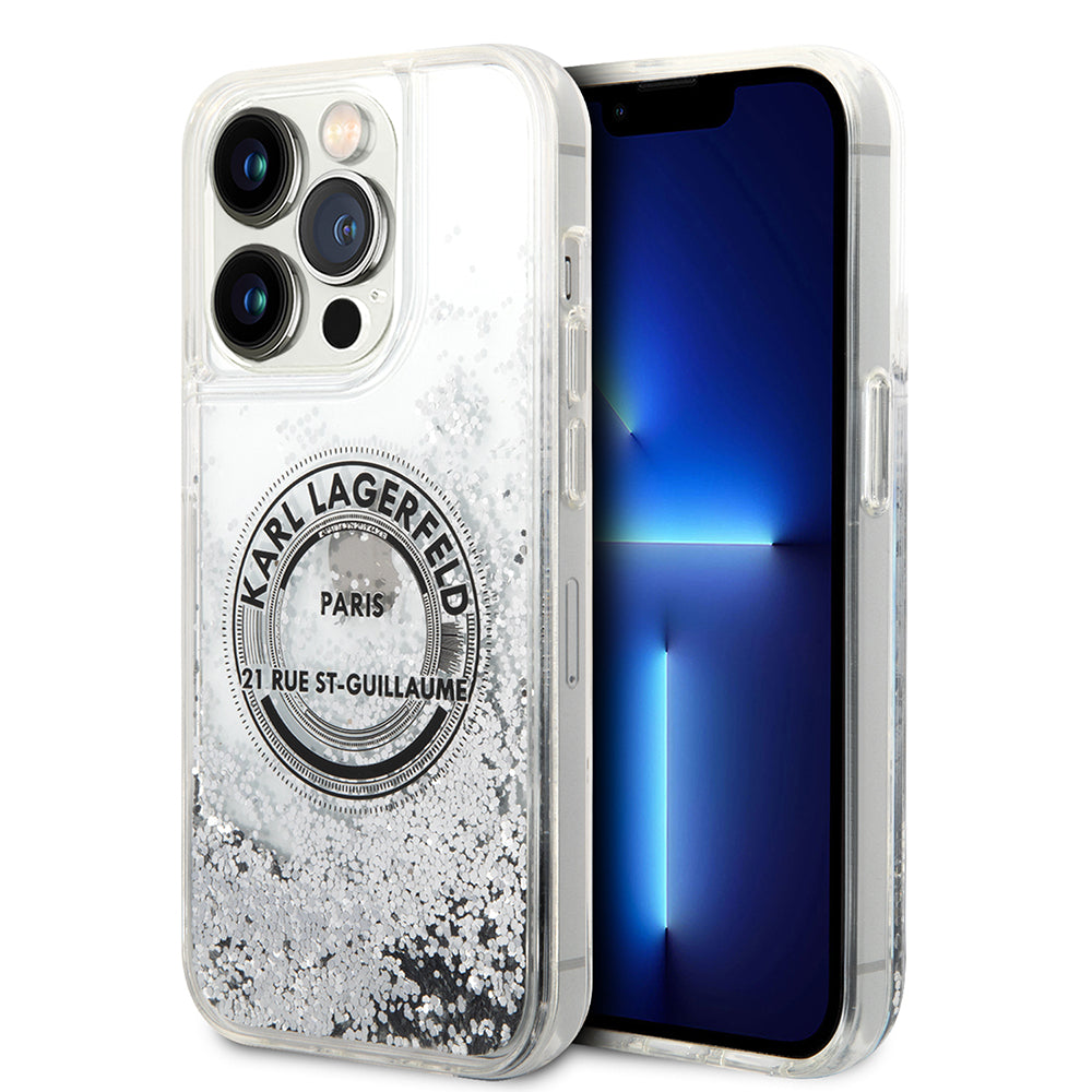 Ovitek za Apple iPhone 14 Pro, Karl Lagerfeld, Liquid Glitter RSG, Srebrn.