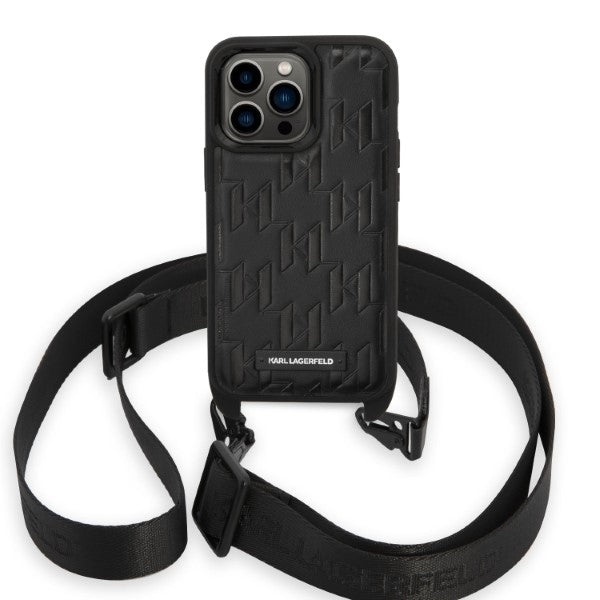 Ovitek za Apple iPhone 14 Pro, Karl Lagerfeld, Monogram Plaque Logo with Strap, Črna
