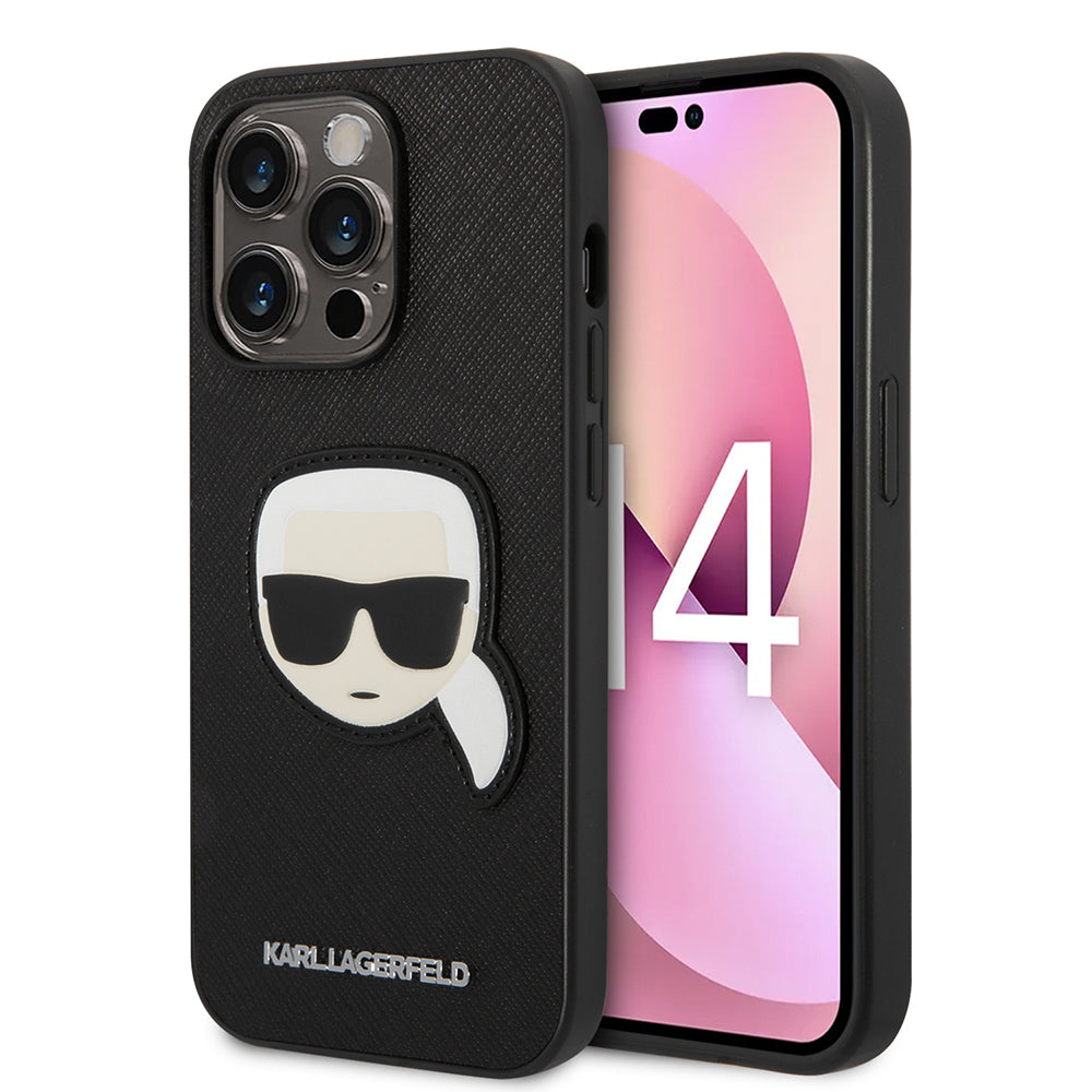 Ovitek za Apple iPhone 14 Pro, Karl Lagerfeld, Saffiano Karl's Head, črn.