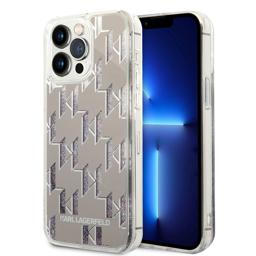 Ovitek za Apple iPhone 14 Pro Max, Karl Lagerfeld, Liquid Glitter Monogram, Srebrn.