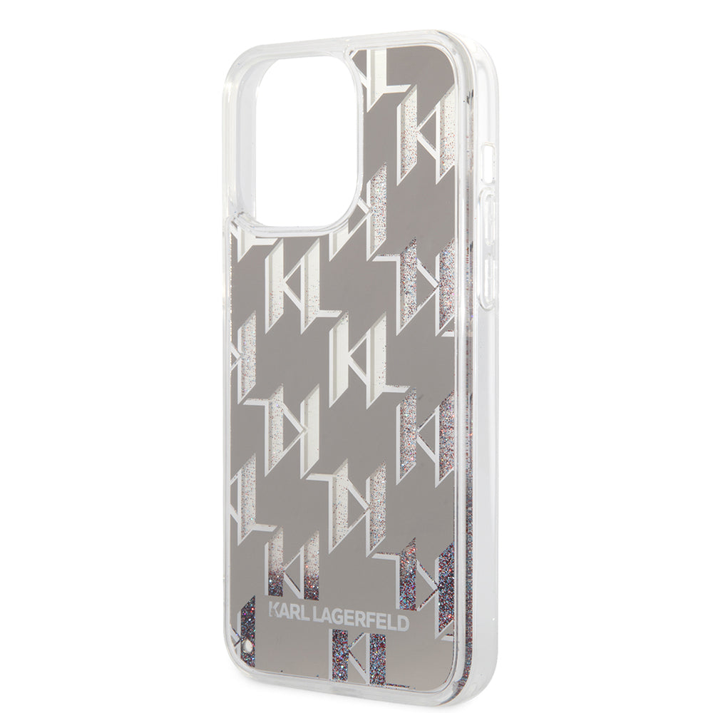 Ovitek za Apple iPhone 14 Pro Max, Karl Lagerfeld, Liquid Glitter Monogram, Srebrn.