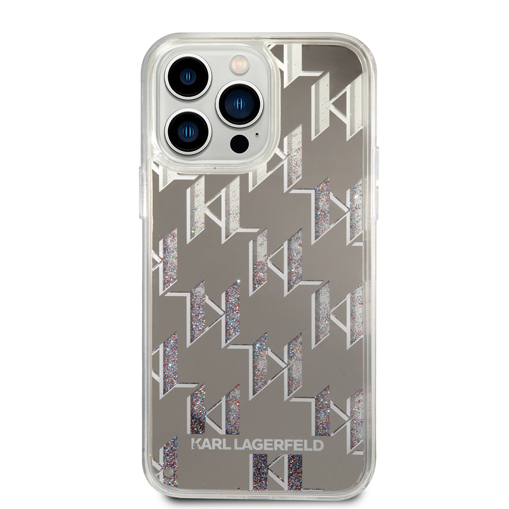 Ovitek za Apple iPhone 14 Pro Max, Karl Lagerfeld, Liquid Glitter Monogram, Srebrn.