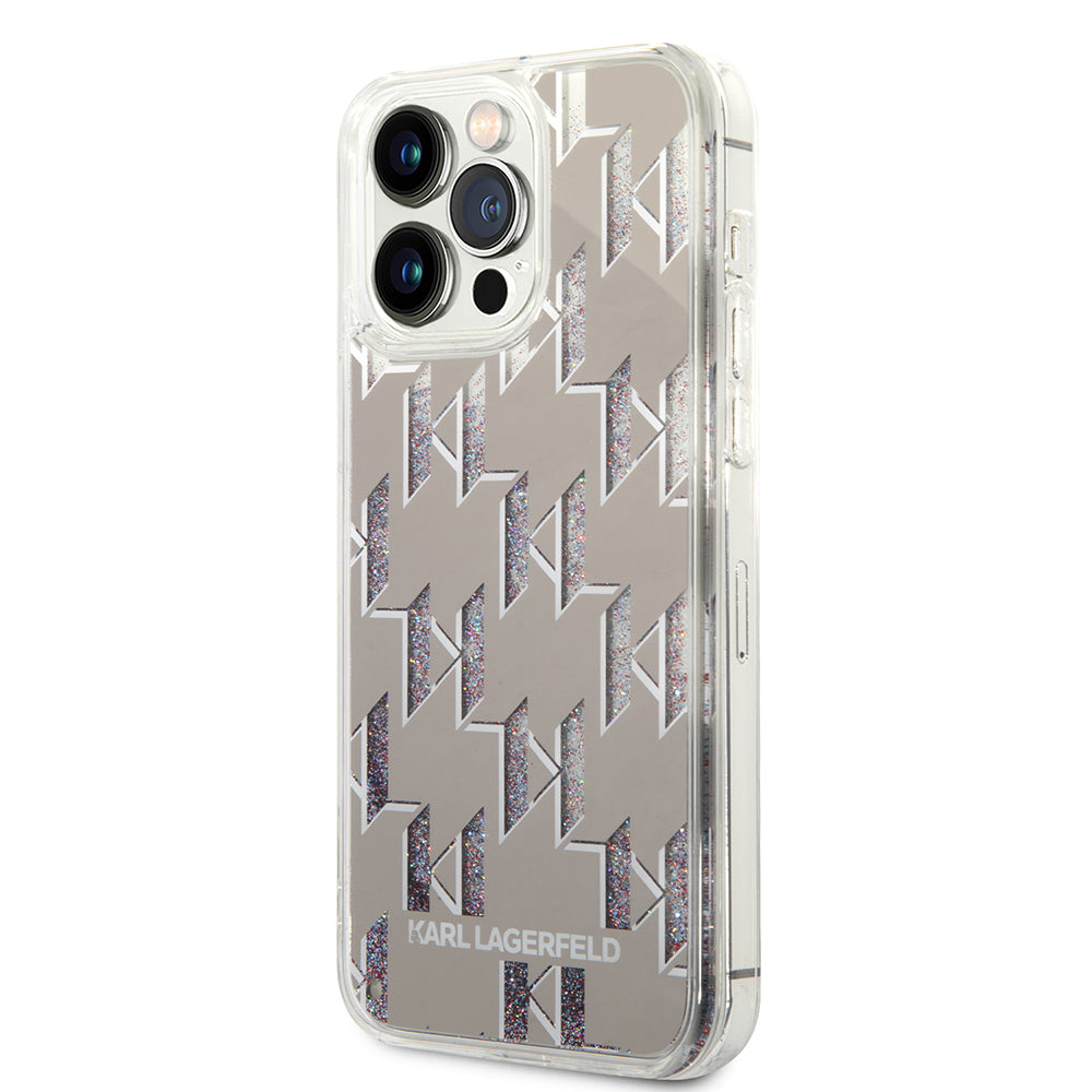 Ovitek za Apple iPhone 14 Pro Max, Karl Lagerfeld, Liquid Glitter Monogram, Srebrn.