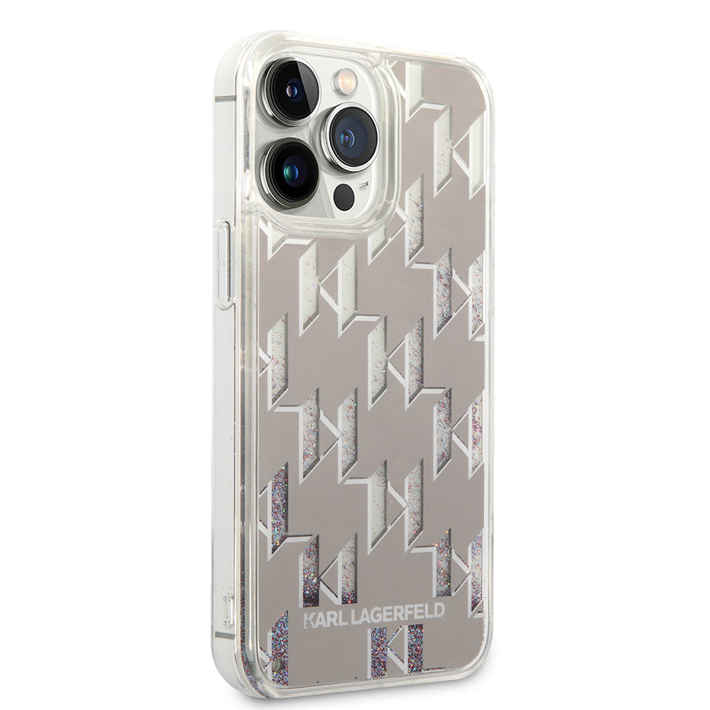 Ovitek za Apple iPhone 14 Pro Max, Karl Lagerfeld, Liquid Glitter Monogram, Srebrn.