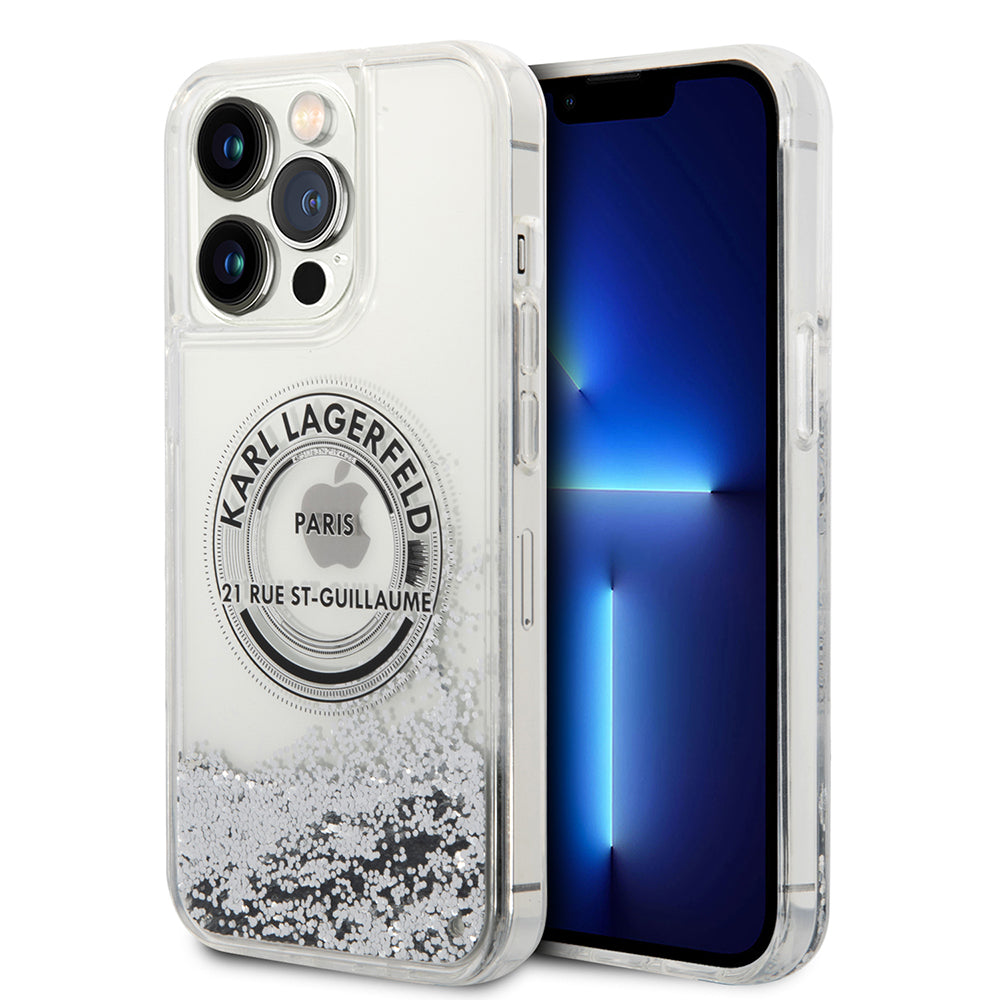 Ovitek za Apple iPhone 14 Pro Max, Karl Lagerfeld, Liquid Glitter RSG, Srebrn.
