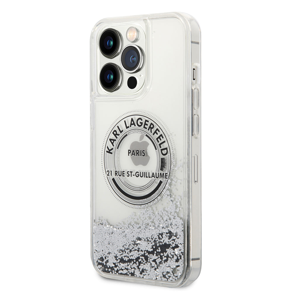 Ovitek za Apple iPhone 14 Pro Max, Karl Lagerfeld, Liquid Glitter RSG, Srebrn.