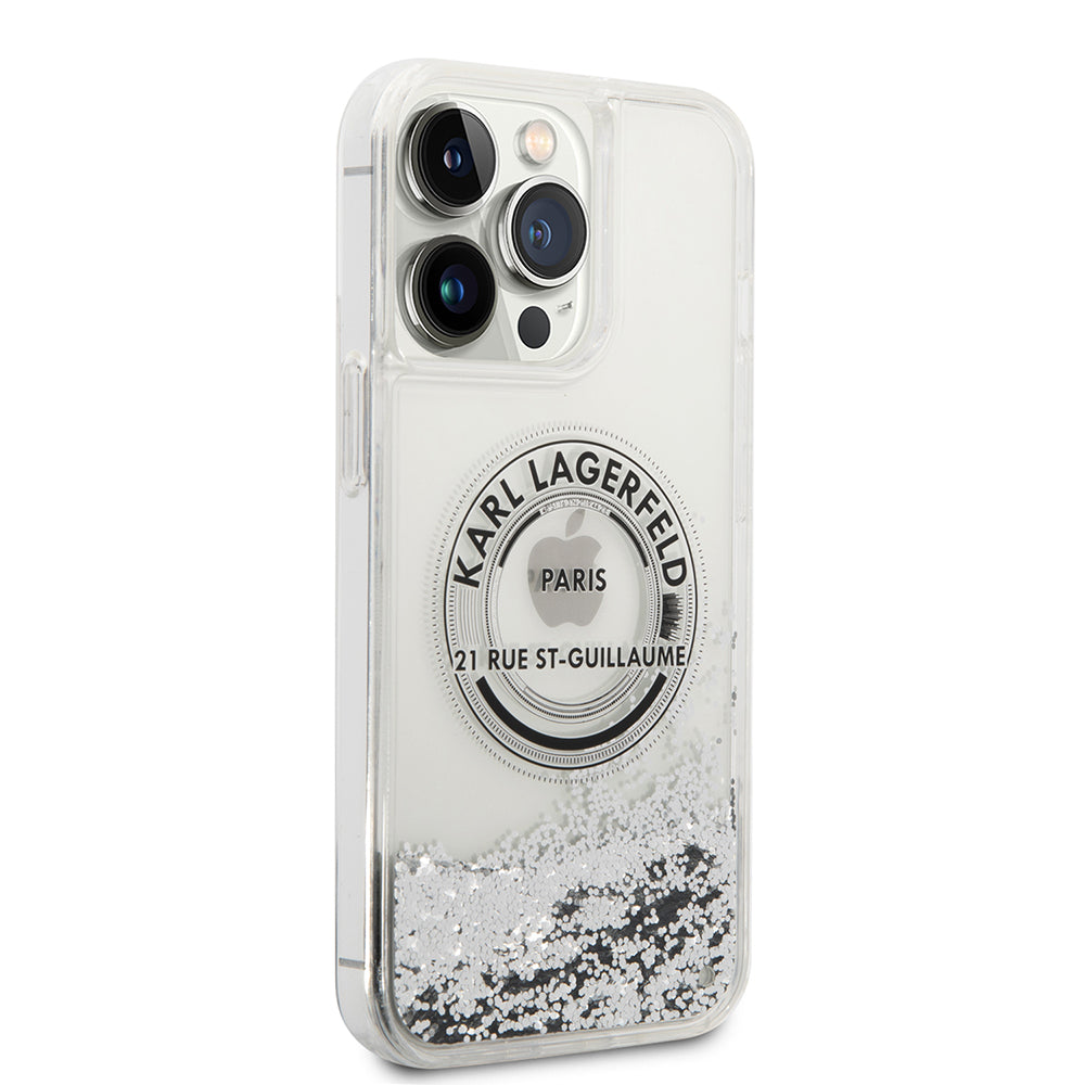 Ovitek za Apple iPhone 14 Pro Max, Karl Lagerfeld, Liquid Glitter RSG, Srebrn.