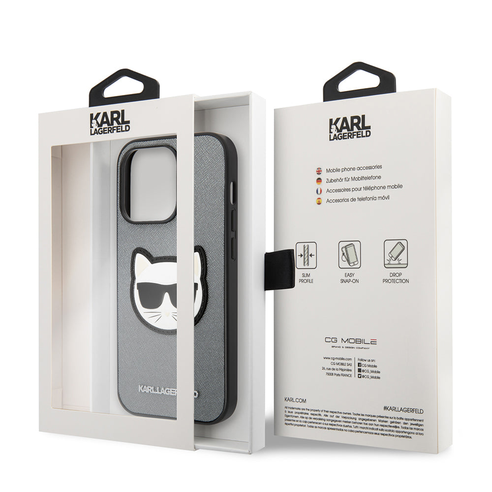 Ovitek za Apple iPhone 14 Pro Max, Karl Lagerfeld, Saffiano Choupette's Head, Srebrn.