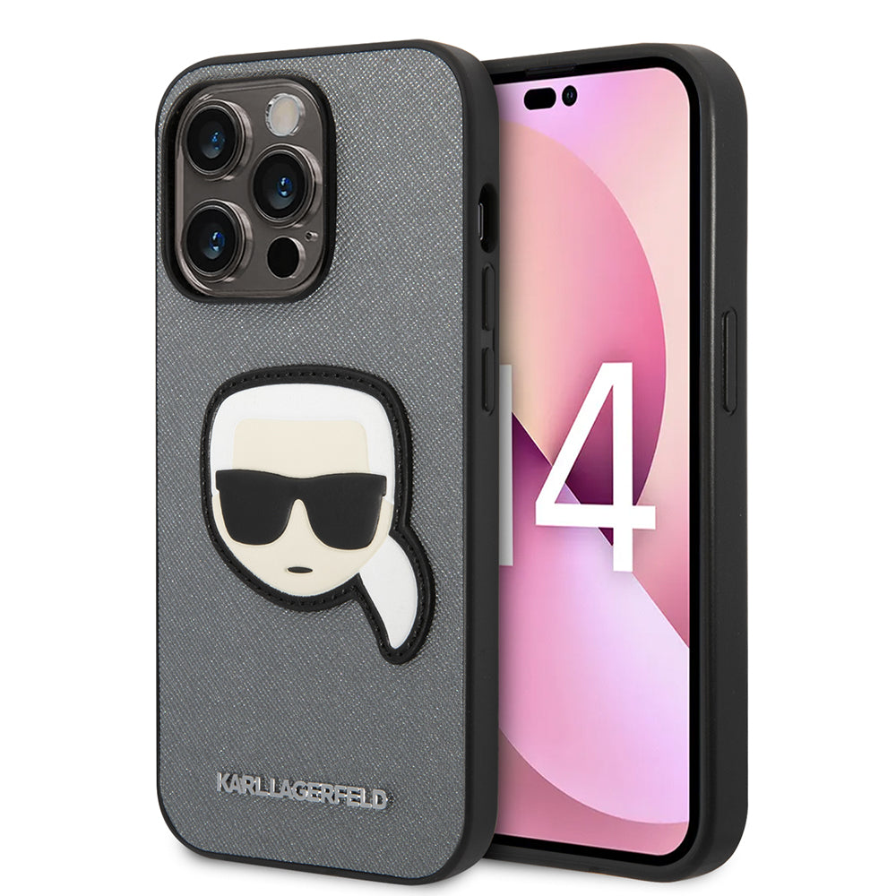 Ovitek za Apple iPhone 14 Pro Max, Karl Lagerfeld, Saffiano Karl's Head, Srebrn.