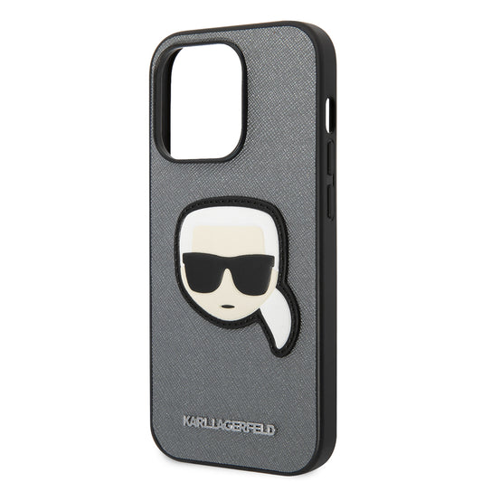 Ovitek za Apple iPhone 14 Pro Max, Karl Lagerfeld, Saffiano Karl's Head, Srebrn.