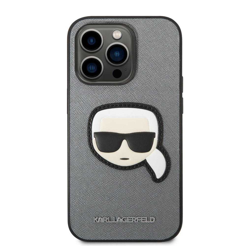 Ovitek za Apple iPhone 14 Pro Max, Karl Lagerfeld, Saffiano Karl's Head, Srebrn.