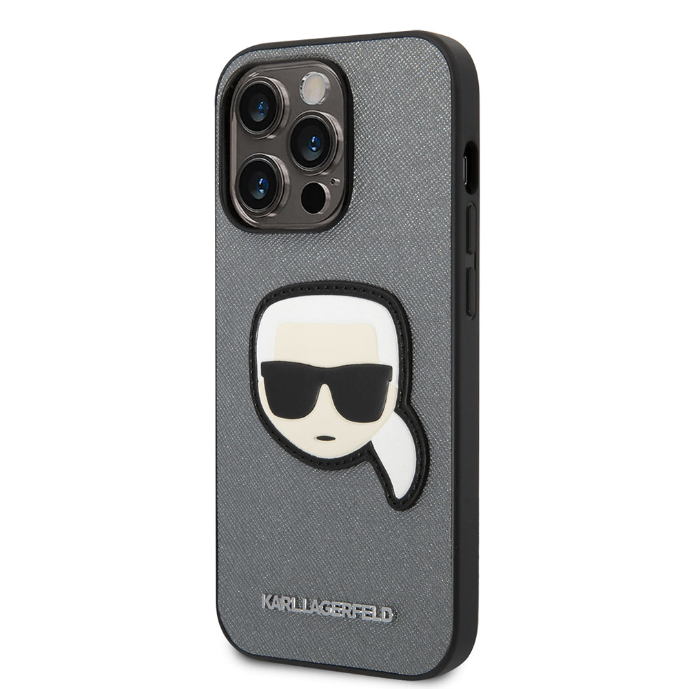 Ovitek za Apple iPhone 14 Pro Max, Karl Lagerfeld, Saffiano Karl's Head, Srebrn.