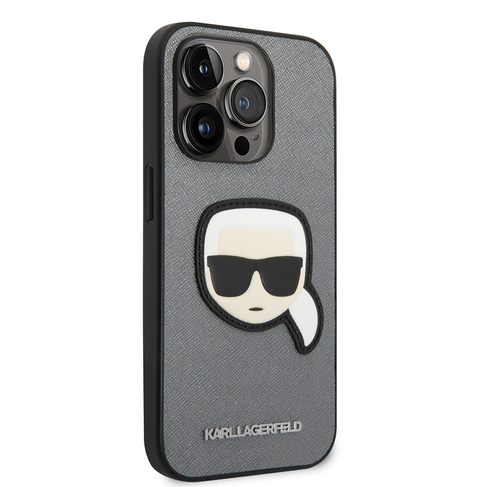 Ovitek za Apple iPhone 14 Pro Max, Karl Lagerfeld, Saffiano Karl's Head, Srebrn.