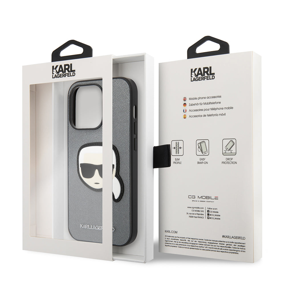 Ovitek za Apple iPhone 14 Pro Max, Karl Lagerfeld, Saffiano Karl's Head, Srebrn.