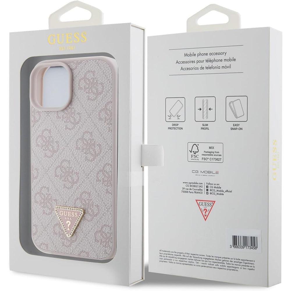 Ovitek za Apple iPhone 15, Guess, 4G Triangle Strass, Roza