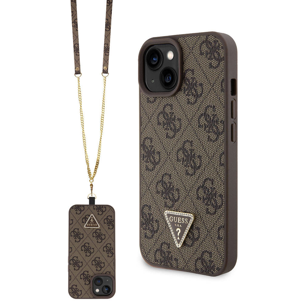 Ovitek za Apple iPhone 15, Guess, Crossbody 4G Metal Logo, Rjava