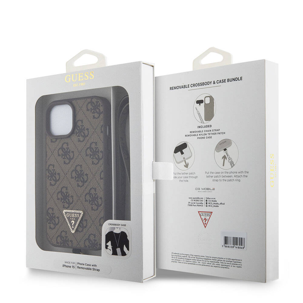 Ovitek za Apple iPhone 15, Guess, Crossbody 4G Metal Logo, Rjava