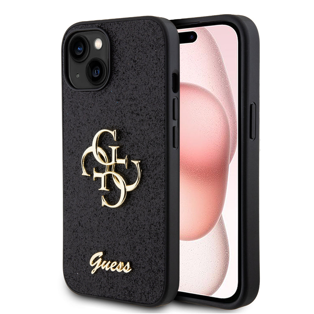 Ovitek za Apple iPhone 15, Guess, Glitter Big 4G Script, črn