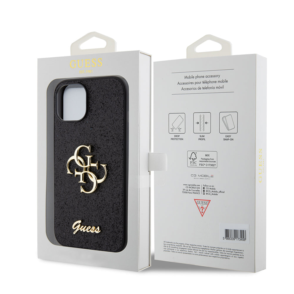 Ovitek za Apple iPhone 15, Guess, Glitter Big 4G Script, črn