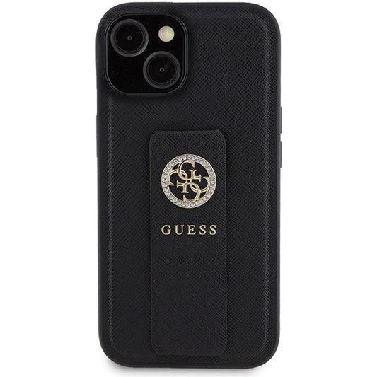 Ovitek za Apple iPhone 15, Guess, Grip Stand 4G Saffiano Strass, črn