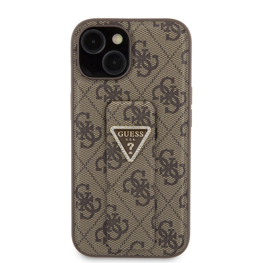 Ovitek za Apple iPhone 15, Guess, Grip Stand 4G Triangle Strass, rjava