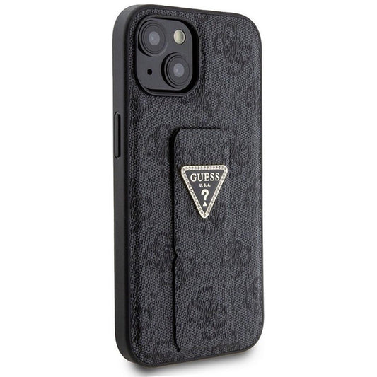 Ovitek za Apple iPhone 15, Guess, Grip Stand 4G Triangle Strass, črn
