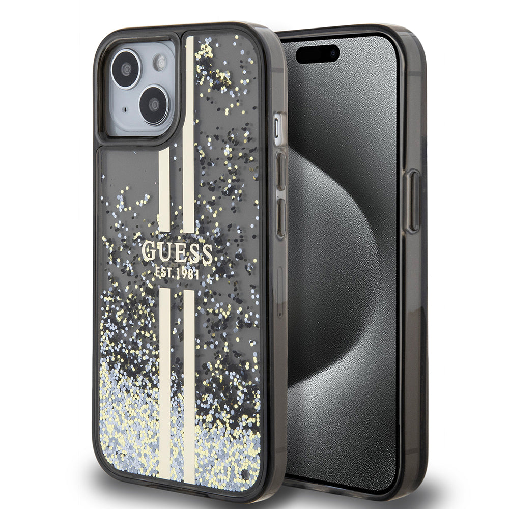 Ovitek za Apple iPhone 15, Guess, Liquid Glitter Gold Stripes, Črn