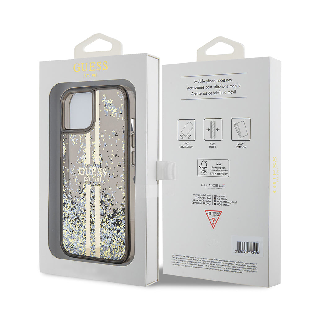 Ovitek za Apple iPhone 15, Guess, Liquid Glitter Gold Stripes, Črn